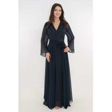 Rochie eleganta clos de seara din voal bleumarin cu strasuri argintii