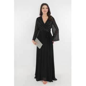 Rochie eleganta clos de seara din voal negru cu strasuri argintii