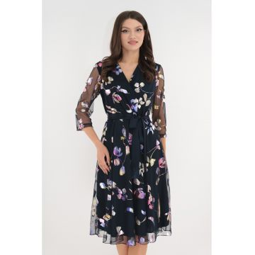 Rochie eleganta clos din mesh bleumarin cu print stralucitor