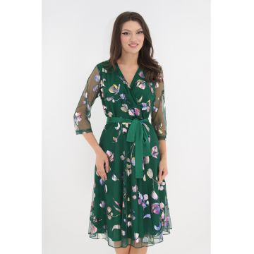 Rochie eleganta clos din mesh verde cu print stralucitor