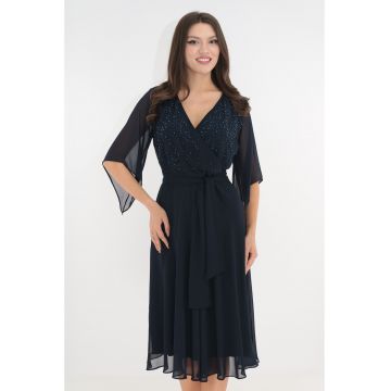 Rochie eleganta clos din voal bleumarin cu bust cu margelute