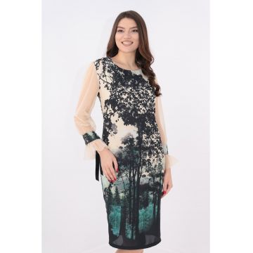 Rochie eleganta crem cu print negru