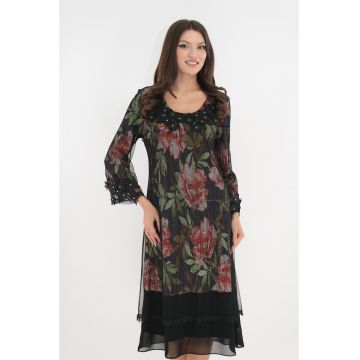 Rochie eleganta din lurex cu print floral si mesh negru
