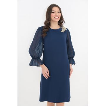 Rochie eleganta din stofa bleumarin cu maneci din voal plisat