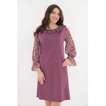 Rochie eleganta din stofa roz cu maneci din voal plisat