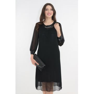 Rochie eleganta din tull negru cu insertii din satin si perle albe la decolteu