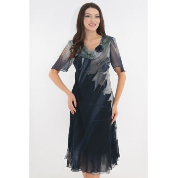 Rochie eleganta din voal bleumarin cu flori gri