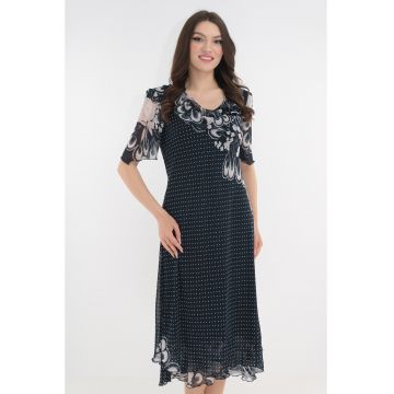 Rochie eleganta din voal bleumarin cu flori si buline imprimate