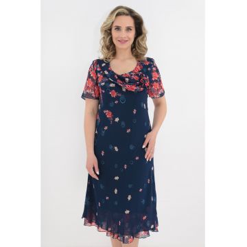 Rochie eleganta din voal bleumarin cu imprimeu floral rosu