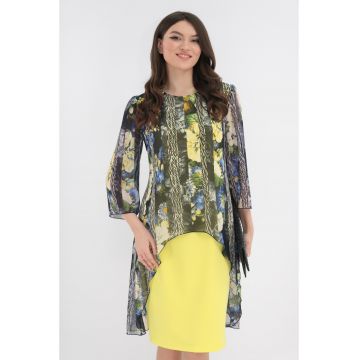 Rochie eleganta galbena cu imprimeu floral si aspect suprapus