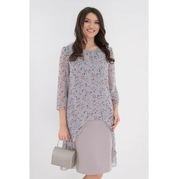 Rochie eleganta gri cu imprimeu floral si aspect suprapus