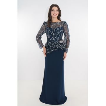 Rochie eleganta lunga bleumarin cu dantela argintie