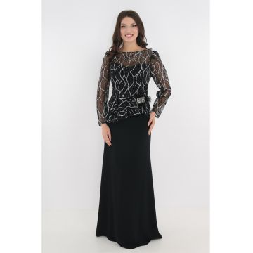 Rochie eleganta lunga neagra cu dantela argintie