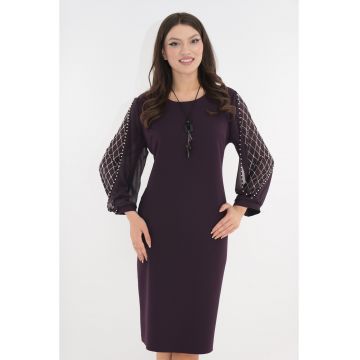 Rochie eleganta mov cu maneci din voal cu strasuri