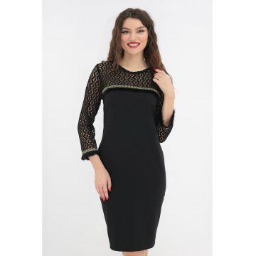 Rochie eleganta neagra cu dantela si banda aurie cu blanita