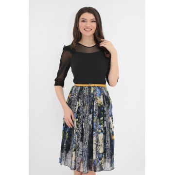 Rochie eleganta neagra cu pliuri si print floral multicolor