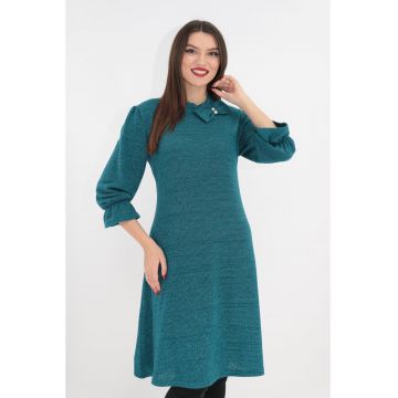 Rochie eleganta turcoaz tricotata cu fir stralucitor si fundita