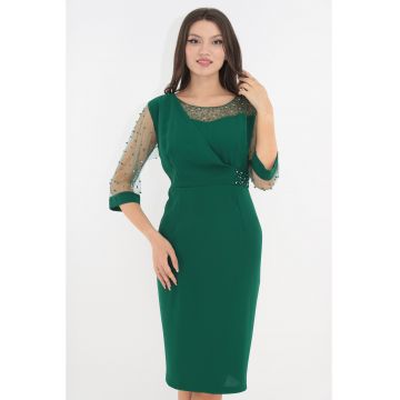 Rochie eleganta verde cu maneci din mesh cu strasuri