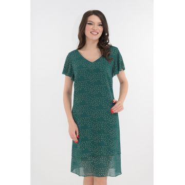 Rochie eleganta verde cu voaluri suprapuse si cerculete aurii