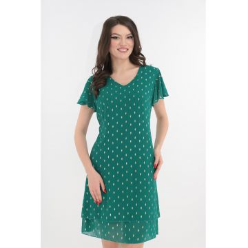 Rochie eleganta verde cu voaluri suprapuse si print auriu