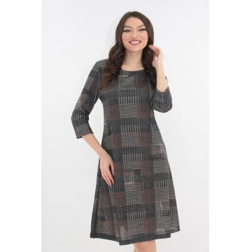 Rochie evazata cu patrate gri si maro