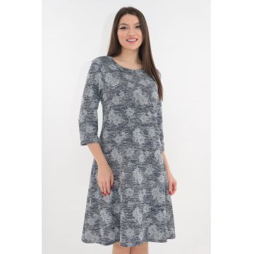 Rochie evazata gri cu trandafiri imprimati