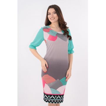 Rochie gri cu print geometric si maneci turcoaz