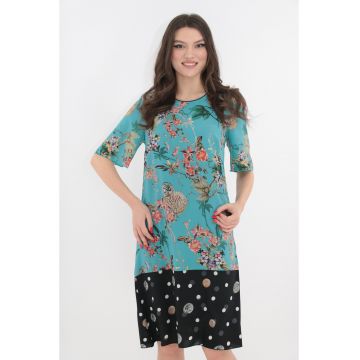 Rochie lejera bleu cu imprimeu floral si bordura neagra