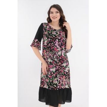 Rochie lejera cu imprimeu floral multicolor si volanas la tiv