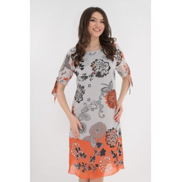 Rochie lejera din voal alb cu imprimeu floral orange si bordura