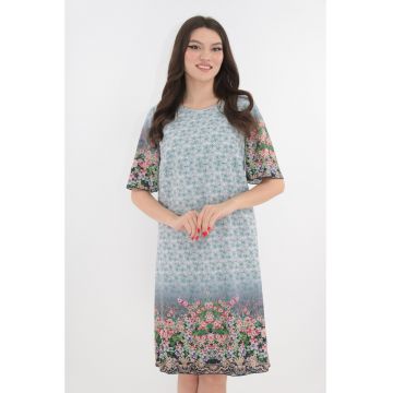 Rochie lejera gri cu imprimeu floral multicolor si tiv bordurat