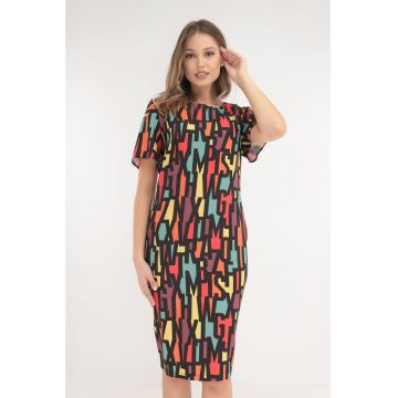 Rochie neagra cu print abstract multicolor