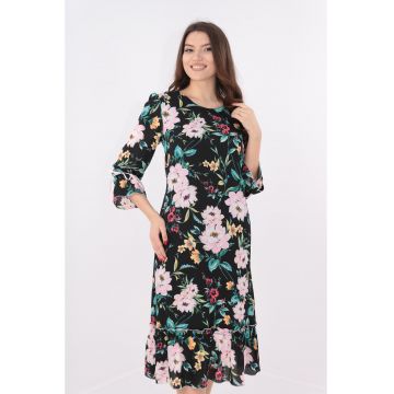 Rochie neagra cu print floral maxi multicolor