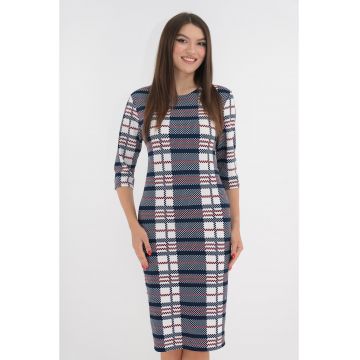 Rochie office alba cu print in carouri bleumarin