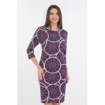 Rochie office albastra cu model geometric alb-rosu