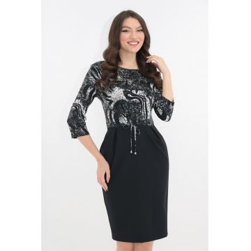 Rochie office cu imprimeu abstract alb-negru