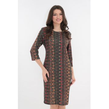 Rochie office gri cu patratele multicolore