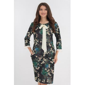 Rochie office maro cu desen floral si esarfa crem