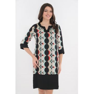 Rochie office neagra cu buline multicolore imprimate