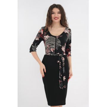 Rochie office neagra cu print floral rosu