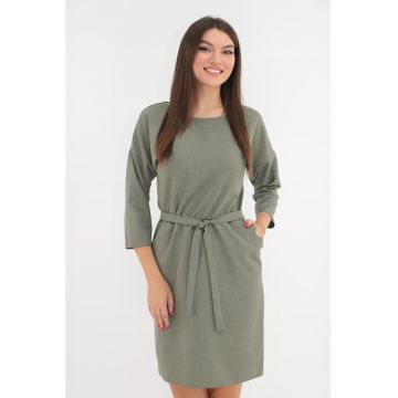 Rochie olive cu buzunare si cordon in talie