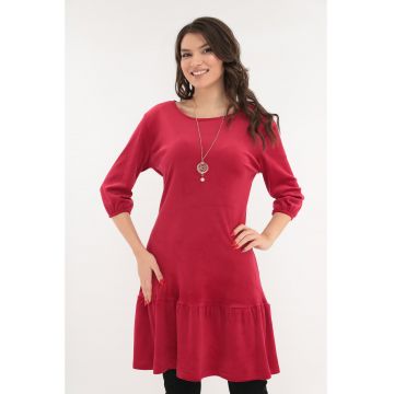 Rochie rosie din catifea cu volanas la tiv