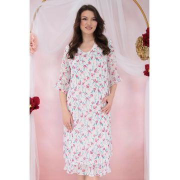 Rochie evazata din voal alb cu print floral roz