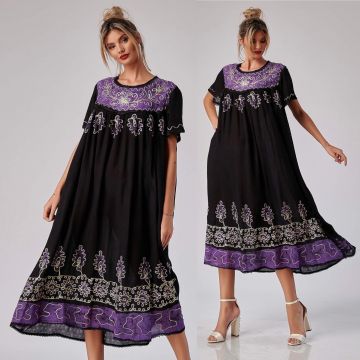 Rochie lunga cu imprimeu mov si broderie - Lavinia 03 Rochie lunga cu imprimeu mov si broderie - Lavinia 03