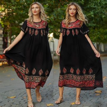 Rochie lunga cu imprimeu rosu si broderie - Lavinia 01