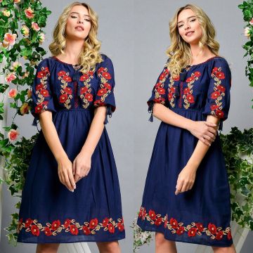 Rochie Traditionala bleumarin cu broderie florala - Simona