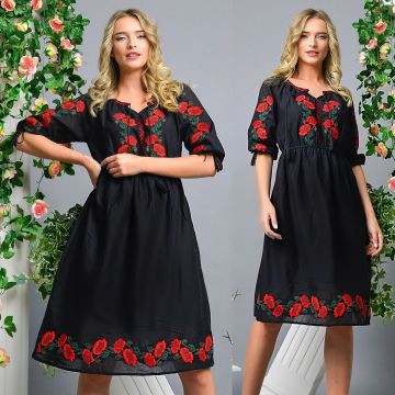 Rochie Traditionala neagra cu broderie florala - Simona