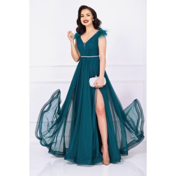 Rochie de nasa Gratiela verde cu perle in talie si fulgi pe umeri