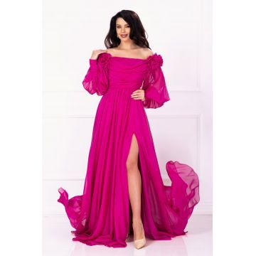 Rochie de nasa Mireya fucsia lunga cu fronseuri si flori 3D