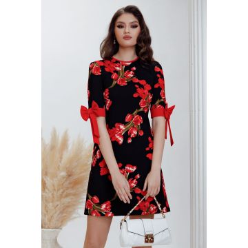 Rochie de zi Fofy in A cu imprimeu lalele si fundite rosii la maneci